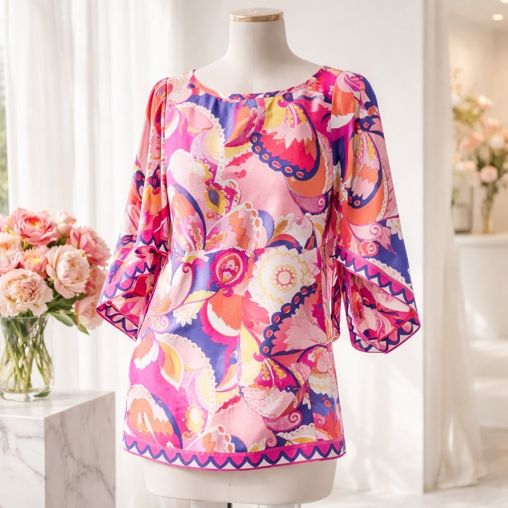 Trina Turk XS Colorful Tunic Blouse Top Stretch Womens Psychadelic Hippie